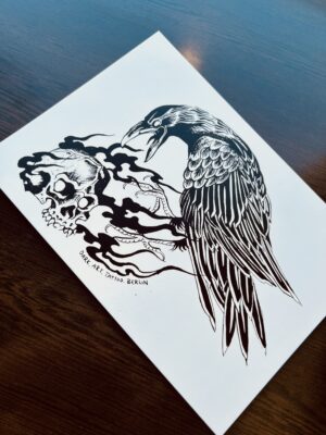 Krähe & flammender Schädel Fine Art Print als Postkarte nutzbar